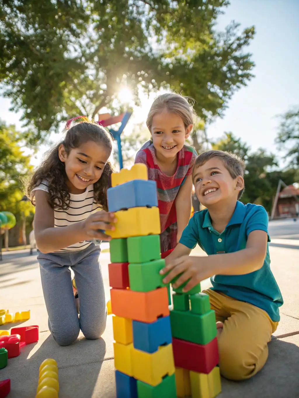 A brightly lit image of children enthusiastically building a tall tower with colorful interlocking blocks in the STEM Play Zone at Discovery Den.
