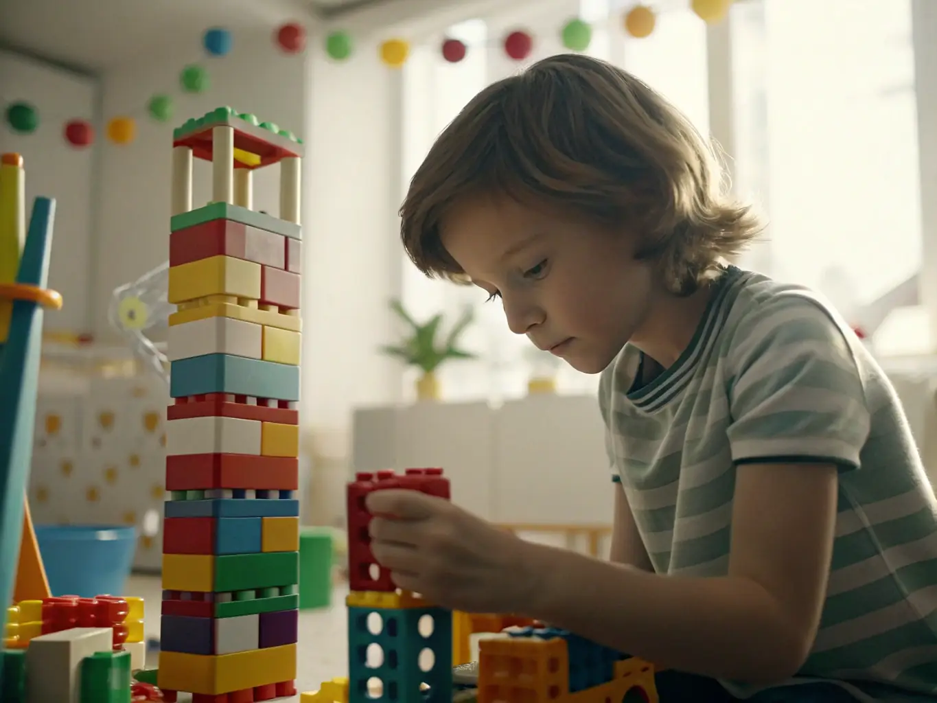 A dynamic shot of kids actively participating in a construction-themed birthday party at Discovery Den, building structures with large foam blocks and wearing construction hats, guided by a party coordinator.