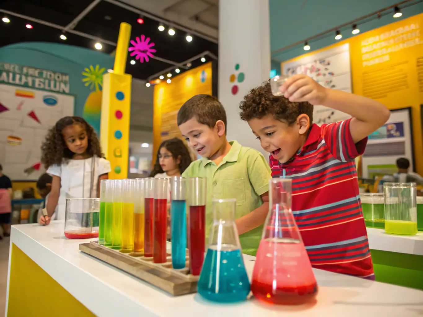 A vibrant photograph capturing the excitement of a science-themed birthday party at Discovery Den, featuring kids conducting a fun experiment with colorful beakers and bubbling solutions, all under the supervision of a party host.