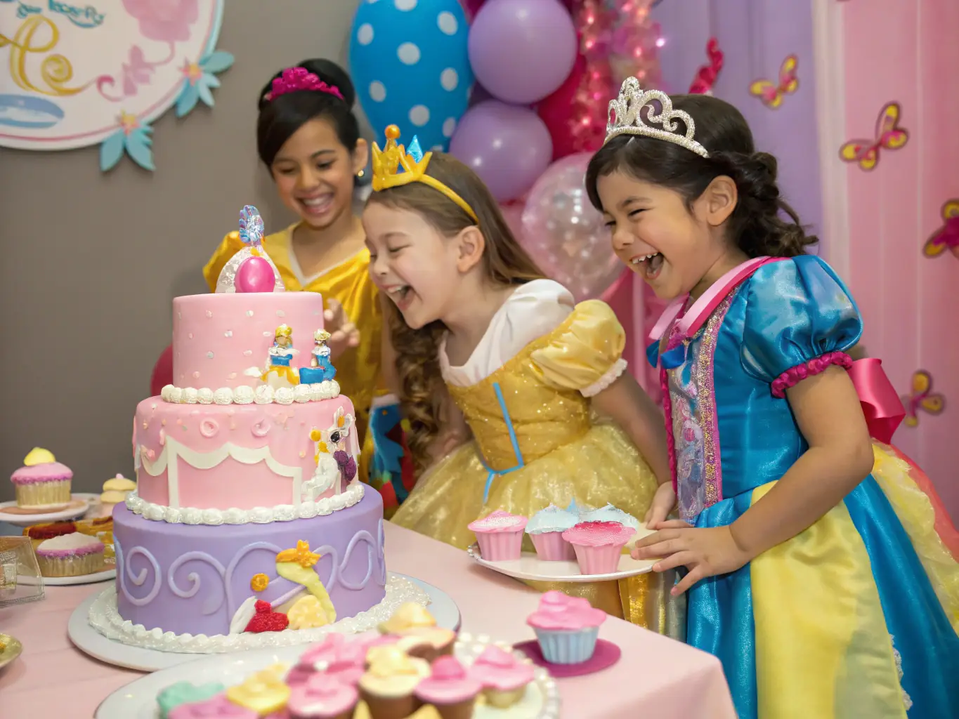 A lively image showcasing a group of children dressed up in costumes, engaging in imaginative play at a princess-themed birthday party within Discovery Den's imaginative play zone.